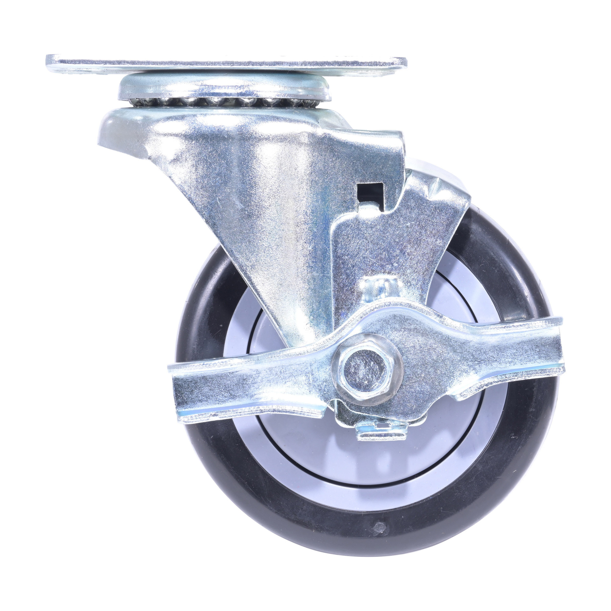 Vestil Swivel Caster — 4in. dia. x 1.25in. Width, Polyurethane/Polyolefin, Top-Lock Brake, 350-lb. Capacity, Black/Gray, Model# CST-VE-4X1.25PP-SWB